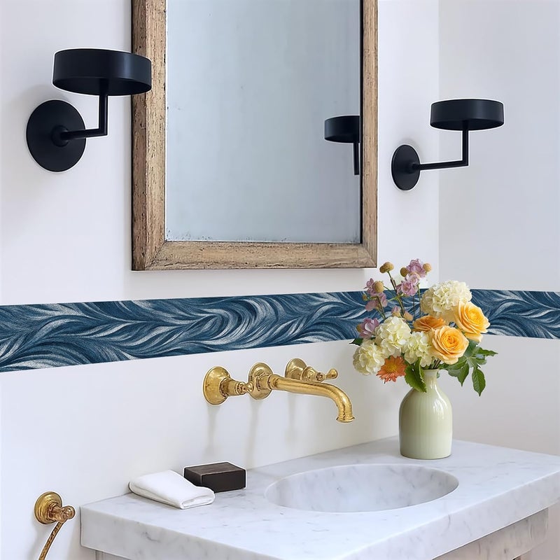 IOHEFY Blue Abstract Wallpaper Border 196x4 Inch Peel and Stick Wall Border Modern Wave Pattern Removable Vinyl Wall Trim Bathroom Kitchen Living Room Bedroom Home Decor - Image 5